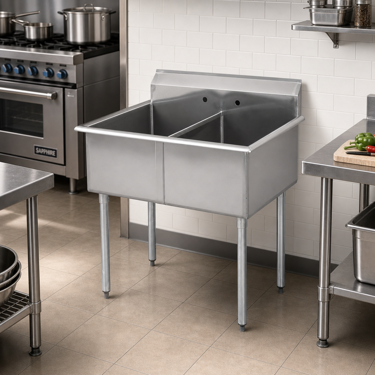 Product image #2 for Sapphire Manufacturing SMSQ1214-2 Budget 2-Compartment Stainless Steel Sink with Legs and 7-1/4-Inch Backsplash