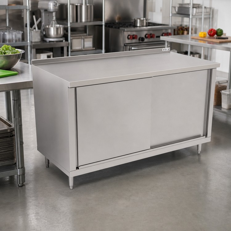 Product image #2 for John Boos 72 Inch Stainless Steel Enclosed Work Table with Sliding Doors and 1-1/2 Inch Rear Up-Turn