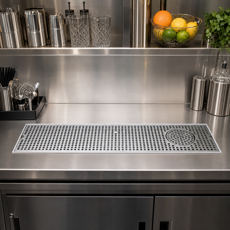 Product image #2 for 8 x 33 Inch Surface Mount Stainless Steel Drip Tray Trough with Integral Glass Rinser