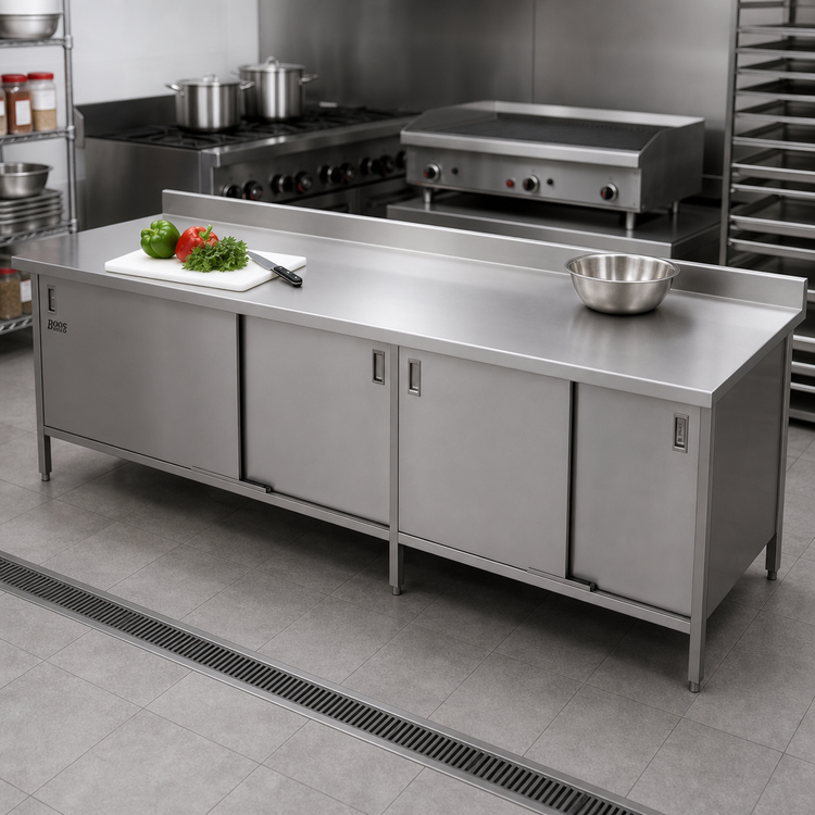 Product image #2 for John Boos 84 x 30-Inch Enclosed Base Stainless Steel Work Table with Sliding Doors and 5-Inch Backsplash