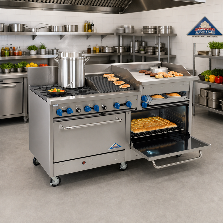 Product image #2 for Comstock-Castle 72-Inch Stainless Steel Commercial Gas Range with 4 Open Burners, 30-Inch Raised Griddle, 18-Inch Char-Broiler, and 2 Ovens