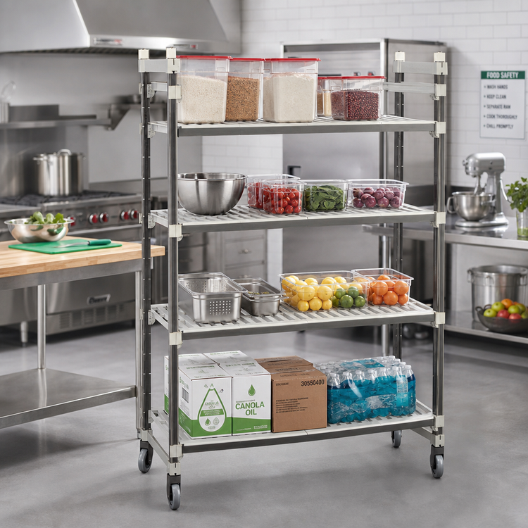 Product image #2 for Cambro Camshelving Elements XTRA High Density Top Rail 4-Shelf Vented Mobile Starter Unit, 21 x 60 x 80 Inches, Speckled Gray