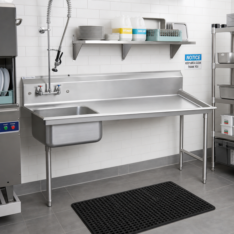 Product image #2 for Advance Tabco Spec-Line Straight Soil Right-Hand Dishtable with Pre-Rinse Sink, 59 x 30 Inch, 10-1/2 Inch Backsplash, 14-Gauge 304 Stainless Steel