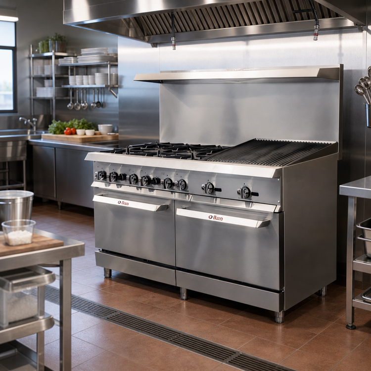 Product image #2 for IKON Cooking 60-Inch Natural Gas Commercial Range with 6 Burners, 24-Inch Radiant Broiler, and 2 Standard Ovens