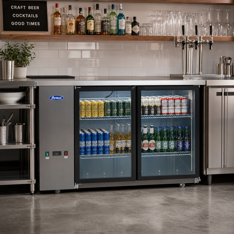 Product image #2 for Atosa Shallow Depth Two-Section Back Bar Cooler with Locking Glass Doors, 15 Cu. Ft.