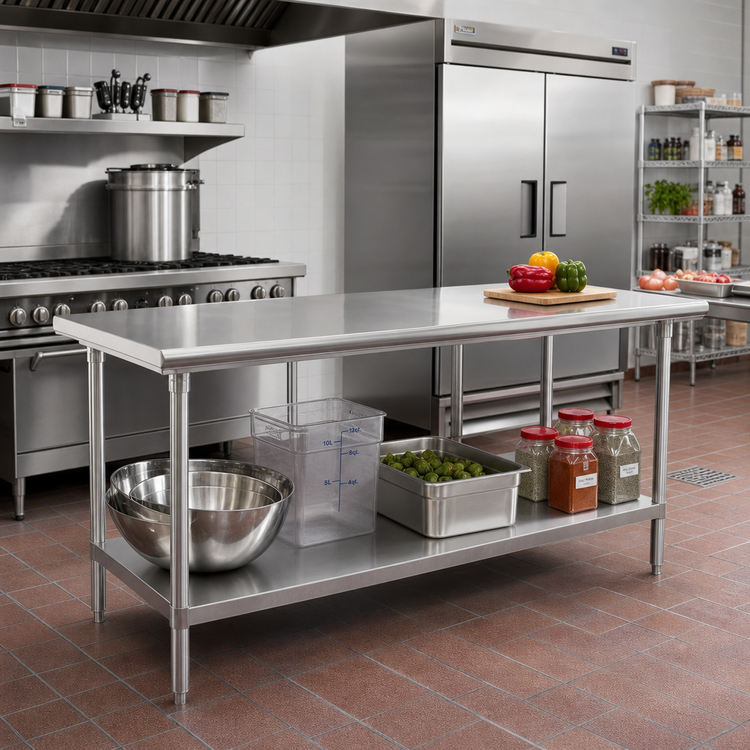 Product image #2 for Advance Tabco 144" x 30" 16-Gauge 304 Stainless Steel Flat Top Work Table with Adjustable Undershelf