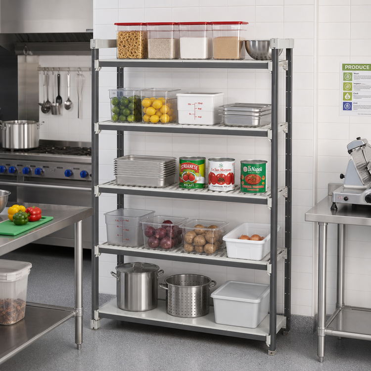 Product image #2 for Cambro Camshelving Elements XTRA High Density Top Rail Stationary Starter Unit, 18 x 36 x 81 Inches, 5-Tier, Speckled Gray