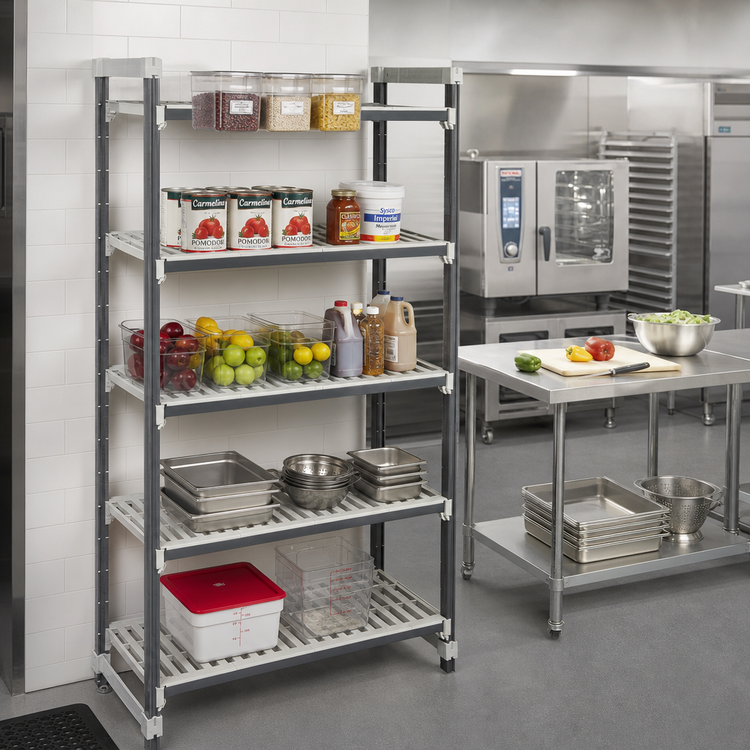 Product image #2 for Cambro Camshelving Elements XTRA High Density Top Rail Stationary Starter Unit, 18 x 36 x 81 Inches, 5-Tier, Speckled Gray