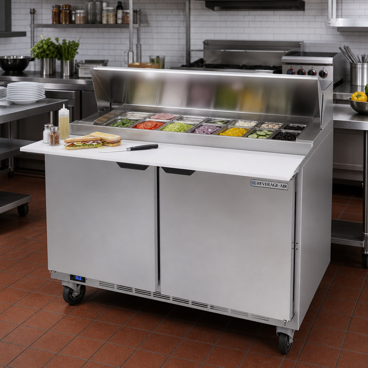Product image #3 for Beverage Air SPE48HC-12C 48-Inch Two-Section Sandwich Top Refrigerated Prep Table with 12 1/6-Pan Top and 17-Inch Cutting Board
