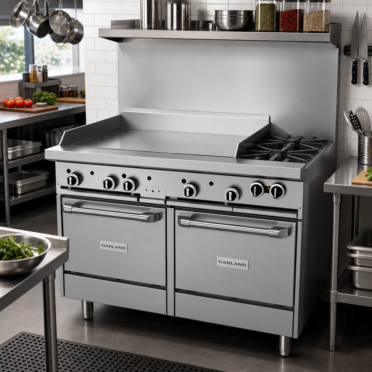 Product image #2 for Garland G Starfire Pro 48" Gas Restaurant Range with 2 Open Burners, 36" Griddle, and 2 Space-Saver Ovens