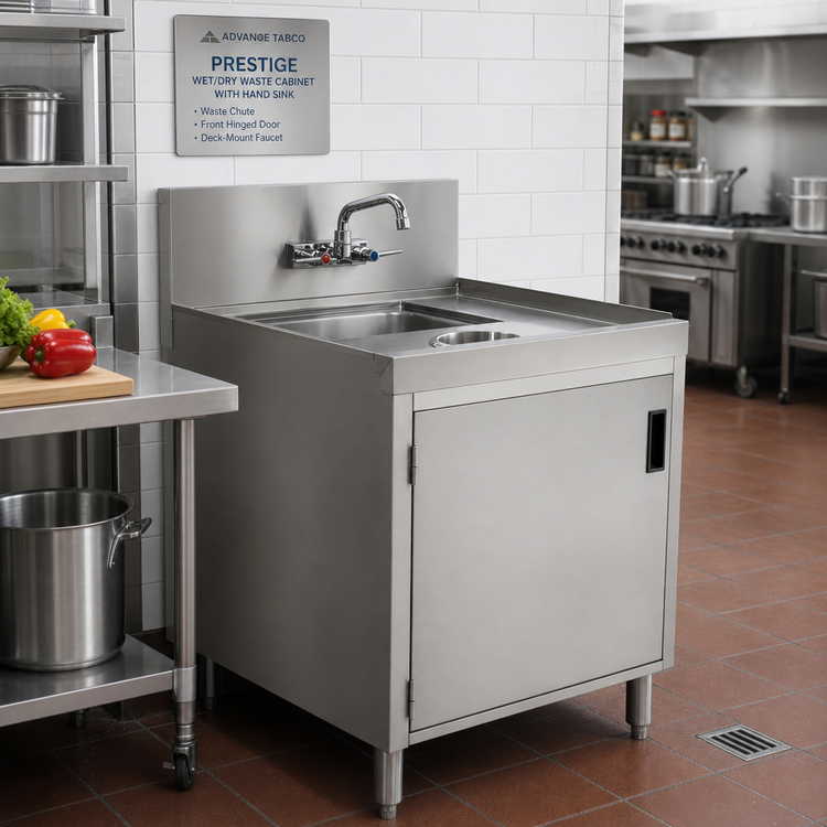 Product image #2 for Advance Tabco Prestige Wet/Dry Waste Cabinet with Hand Sink, Waste Chute, Front Hinged Door, and Deck-Mount Faucet