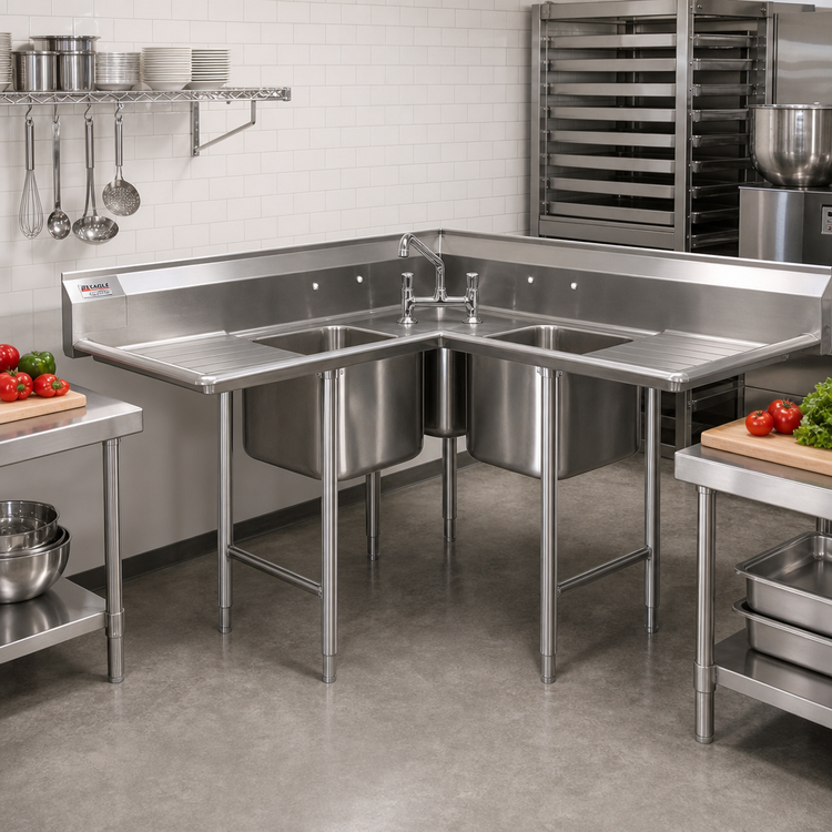 Product image #2 for Eagle Group 314 Series Corner 3-Compartment Stainless Steel Sink with Dual Drainboards