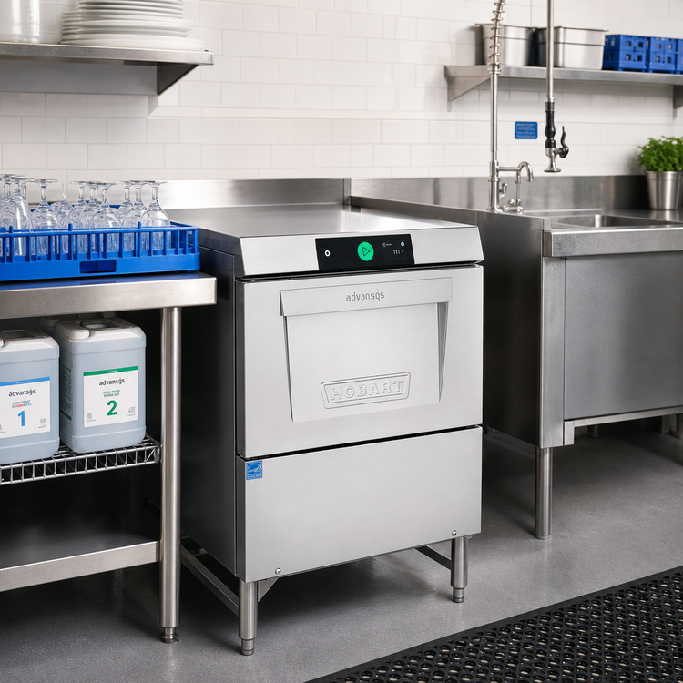 Product image #2 for Hobart Advansys Low-Temp Chemical Sanitizing Undercounter Dishwasher/Glasswasher with PuriRinse and 6-Inch Leg Stand