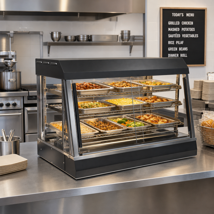 Product image #2 for Vollrath HFM-36 Countertop Self-Service Hot Food Merchandiser, 36 Inch Wide, Angled, Illuminated, 3 Adjustable Shelves