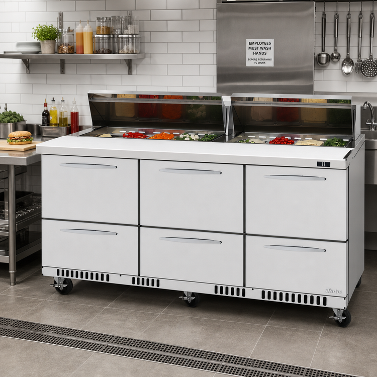 Product image #2 for Turbo Air PRO Series 72-5/8-Inch Three-Section Mega Top Sandwich/Salad Prep Table with 6 Drawers