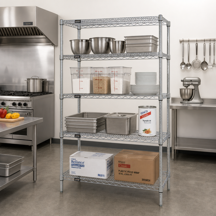 Product image #2 for Quantum Chrome Plated Stationary Wire Shelving Starter Kit, 72W x 36D x 74H, 4 Shelves