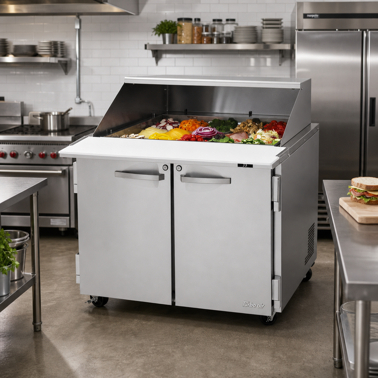 Product image #2 for Turbo Air PRO Series Mega Top Sandwich/Salad Prep Table with Slide-Back Lid, Rear-Mount Self-Contained, 36-1/4 Inch Wide, 2-Section, 15-Pan, 9 Cu. Ft.