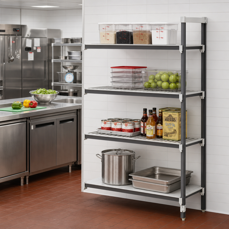 Product image #2 for Cambro Camshelving Elements XTRA 21 x 36 x 72-Inch 4-Tier Stationary Add-On Polymer Shelving Unit, 3 Vented + 1 Solid, Speckled Gray