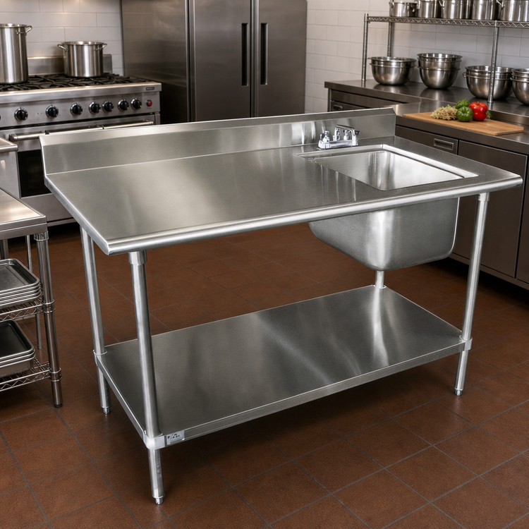 Product image #2 for 60-Inch x 30-Inch Stainless Steel Prep Sink Work Table with Right-Side 16 x 20 x 12 Bowl and 5-Inch Backsplash