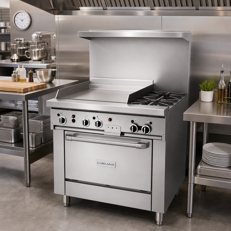 Product image #2 for Garland GF Starfire Pro 36-Inch Gas Restaurant Range with 2 Open Burners, 24-Inch Thermostatic Griddle and Standard Oven