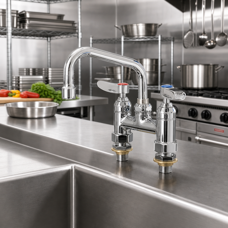 Product image #2 for T&S Brass Double-Handle Deck-Mount Pantry Mixing Faucet with 6-Inch Swing Nozzle, 4-Inch Centers