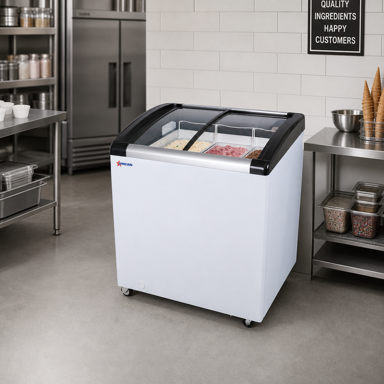 Product image #3 for Omcan Ice Cream Display Chest Freezer, 4.1 Cu. Ft., Curved Sliding Glass Doors