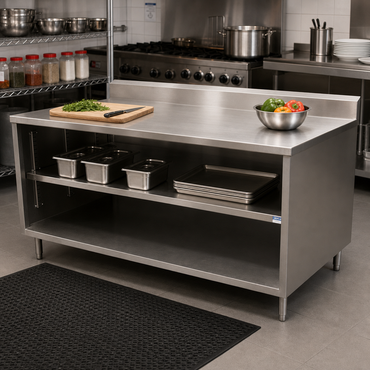 Product image #2 for BK Resources 72-Inch x 24-Inch Stainless Steel Chef Table with 5-Inch Back Riser, Open Front Cabinet Base