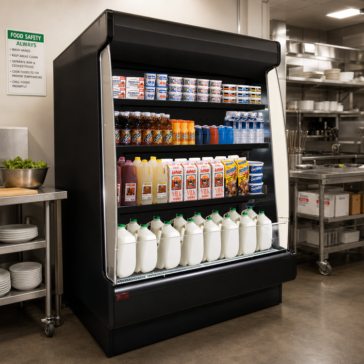 Product image #2 for Howard-McCray Low-Base Multi-Purpose Remote Open-Air Merchandiser, 51W x 34.5D x 60H, Black, 3-Tier Lit Shelves