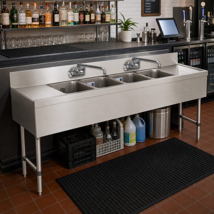 Product image #2 for Advance Tabco Special Value Series SLB-64C 72-Inch x 18-Inch 4-Compartment Stainless Steel Underbar Bar Sink with Dual Drainboards and Splash-Mount Faucets