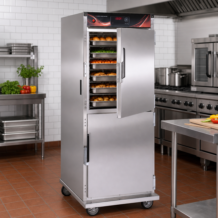 Product image #2 for Mobile Insulated Heated Holding Cabinet with Top-Mount Heater, 12 Universal Angle Slide Sets, and Reversible Dutch Doors