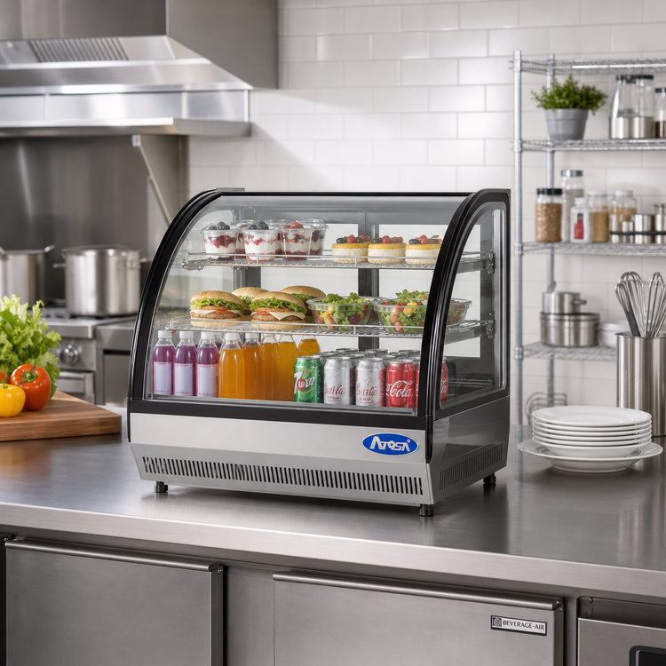 Product image #3 for Atosa Countertop Curved Front Glass Refrigerated Display Case, 3.5 Cu. Ft., Self-Contained, 2 Sliding Doors