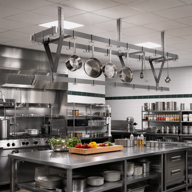 Product image #2 for Eagle Group Commercial Ceiling-Mounted Stainless Steel Triple-Bar Pot Rack with 27 Hooks