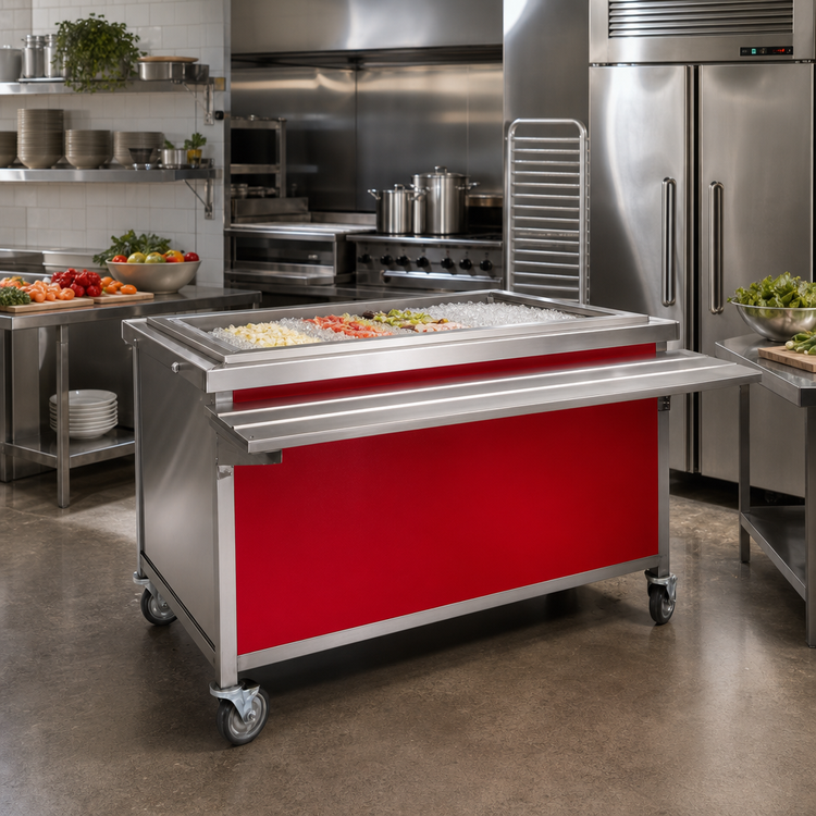 Product image #2 for Eagle Director's Choice DCS5-CFUI 78" Iced Cold Pan Mobile Buffet Station with Red Laminate Panel