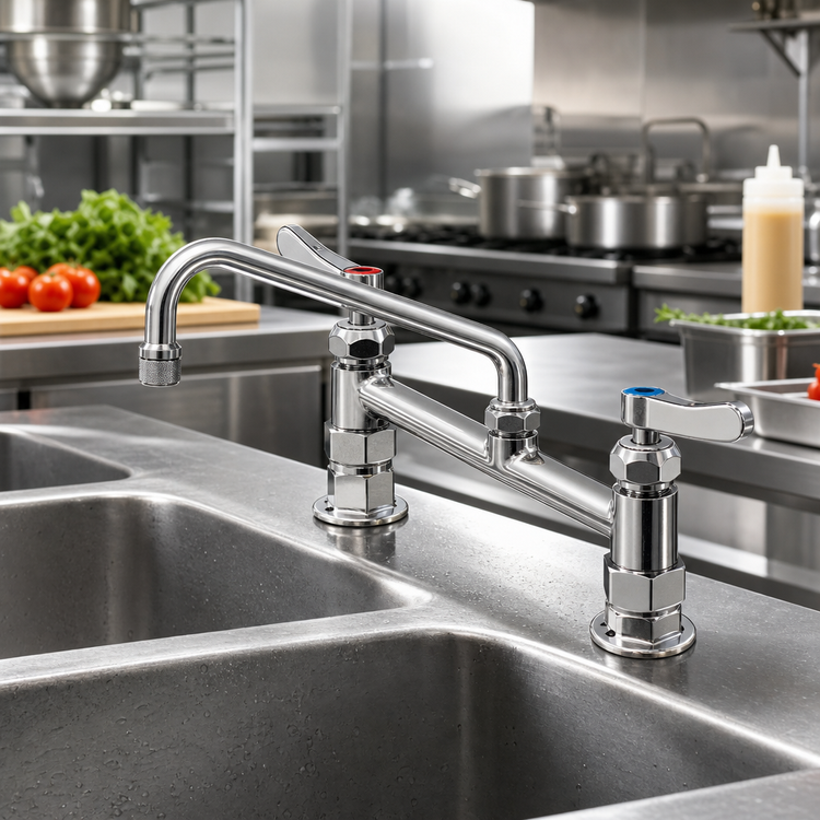 Product image #2 for T&S Brass Double Pantry Deck-Mount Mixing Faucet with 9-Inch Swing Nozzle and 8-Inch Adjustable Centers
