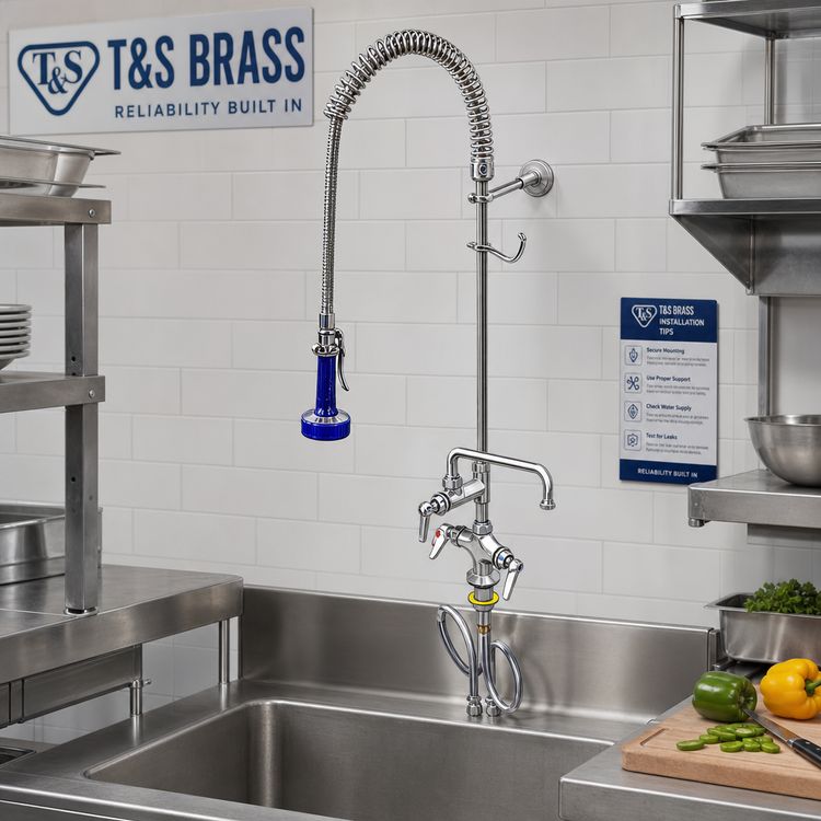 Product image #2 for T&S Brass EasyInstall Deck-Mount Pre-Rinse Unit with Add-On Faucet, 6-Inch Swing Nozzle, 24-Inch Riser, and 44-Inch Hose