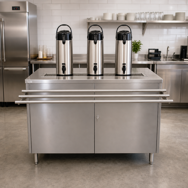 Product image #2 for 30" x 60" Stainless Steel Self-Serve Beverage Counter with Urn Trough and Hinged Locking Doors