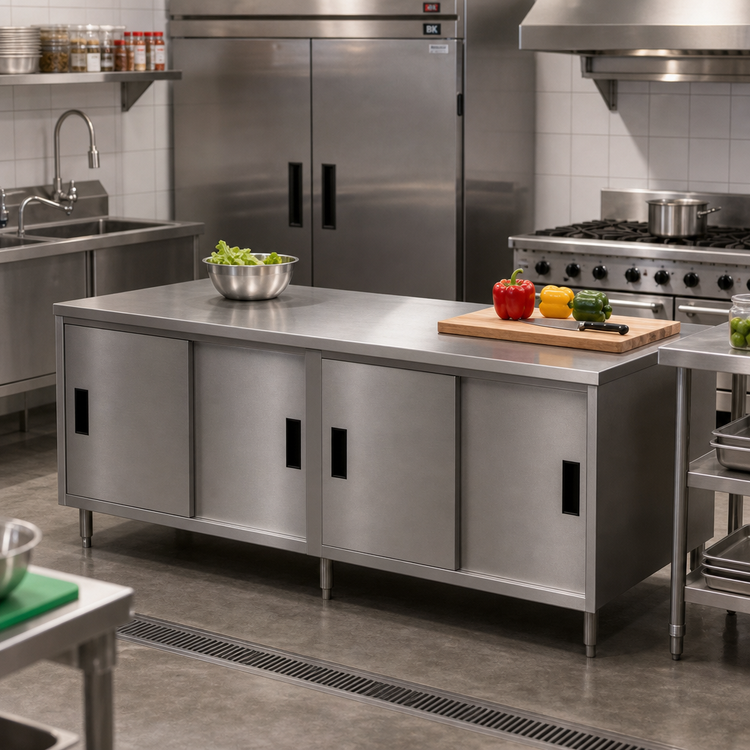 Product image #2 for BK Resources 96 Inch x 30 Inch Chef Table with Cabinet Base and Sliding Doors