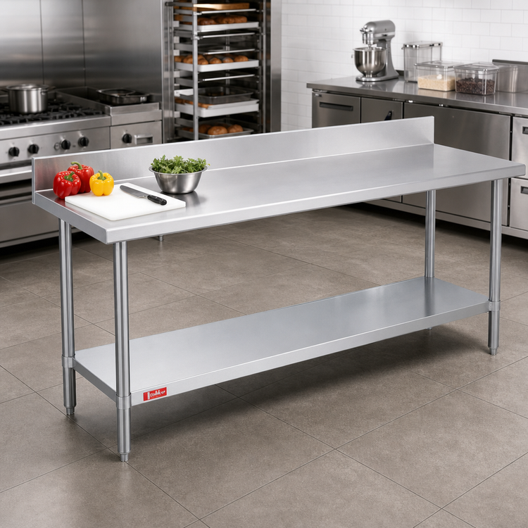 Product image #2 for Duke 120 Inch x 36 Inch 16-Gauge 400 Series Stainless Steel Work Table with 5 Inch Riser and Galvanized Undershelf
