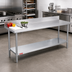 Thumbnail image #2 for Duke 120 Inch x 36 Inch 16-Gauge 400 Series Stainless Steel Work Table with 5 Inch Riser and Galvanized Undershelf