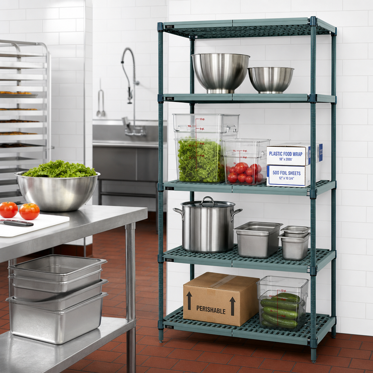 Product image #2 for Quantum Stationary 4-Tier Wire Shelving Unit with Plastic Mats, 36 x 14 x 86 Inches, Green Epoxy Coated
