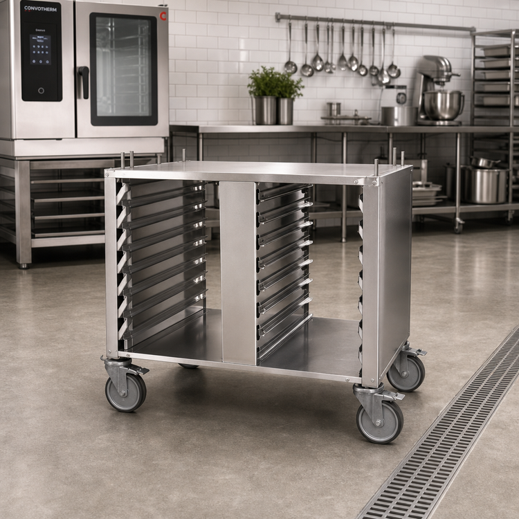Product image #2 for Convotherm Closed Three-Sided Stainless Steel Oven Stand with Casters and 14 Shelf Rail Pairs for C4 6.10 & 10.10 Combi Ovens