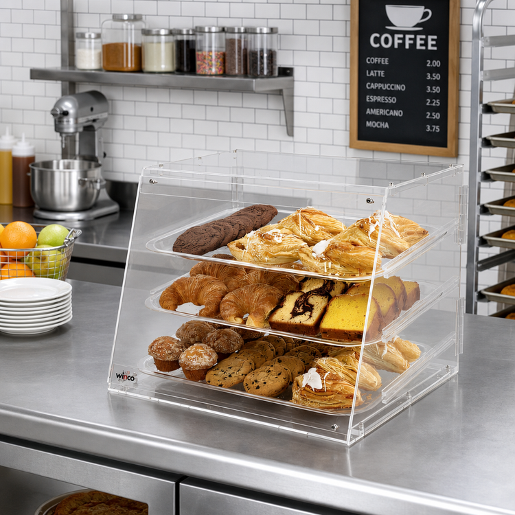 Product image #2 for Winco Countertop Acrylic Pastry Display Case with Rear Door and 3 Trays, 21 x 18 x 16-1/2 Inches