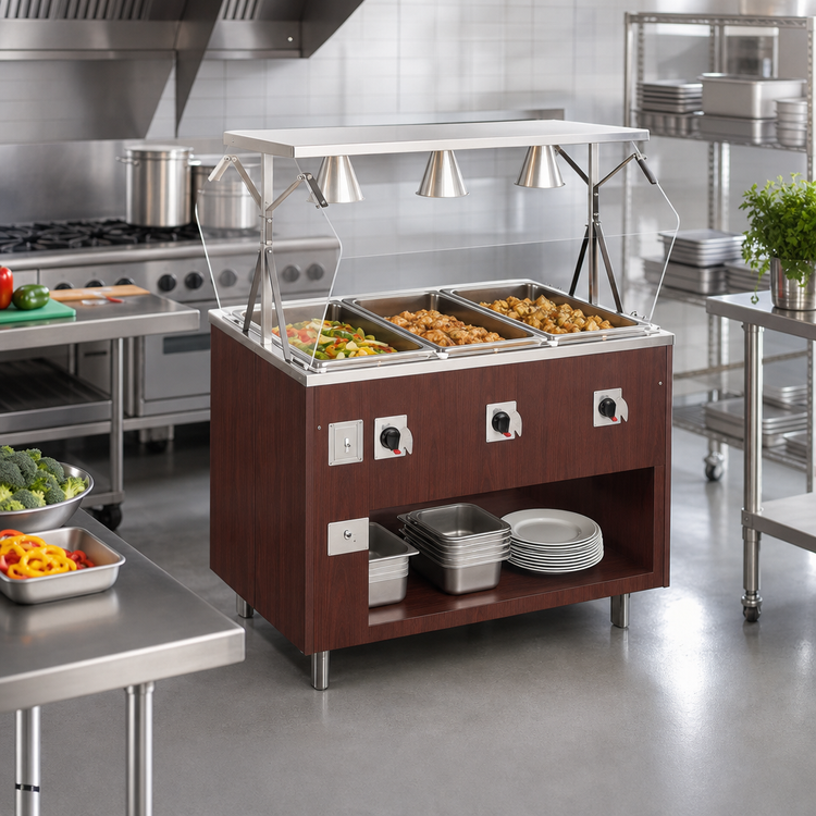 Product image #2 for Vollrath 2-Series Affordable Portable 3-Well Mobile Hot Food Station with Buffet Breath Guard and Lights, Open Storage Base, Cherry Woodgrain