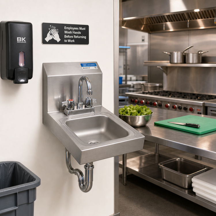 Product image #2 for BK Resources Wall-Mount Space Saver Hand Sink Package with Lead-Free 4" O.C. Deck Mount Faucet, 9" x 9" Bowl