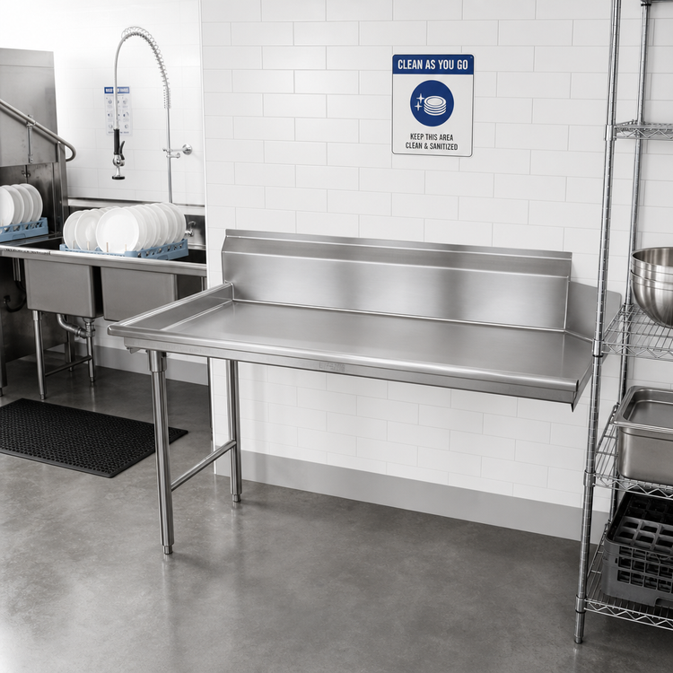 Product image #2 for Clean Straight Left-Mount Dish Table with 10-1/2-Inch Backsplash, 143 in. x 30 in., 304 Stainless Steel