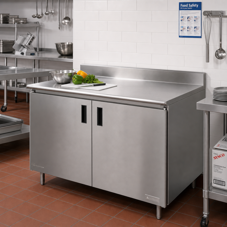 Product image #2 for Advance Tabco Special Value Series Enclosed Work Table with Sliding Door Cabinet Base, 120W x 30D, 5-Inch Backsplash