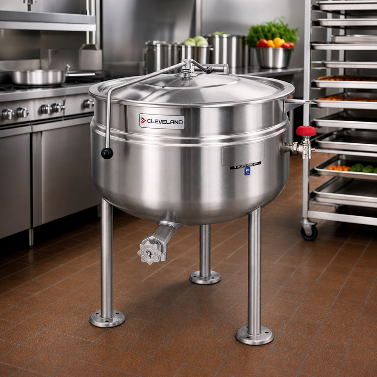 Product image #2 for Cleveland Range Short Series 60-Gallon Direct Steam Jacketed Kettle with Open Tri-Leg Base