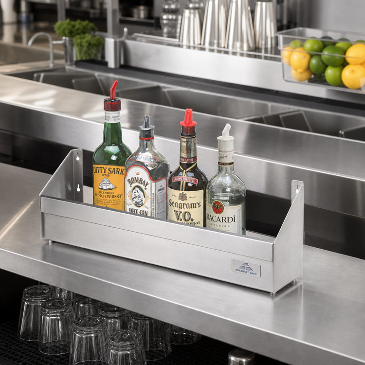 Product image #2 for Advance Tabco Underbar Basics Single-Tier Stainless Steel Speed Rail, 24 Inch, 5-6 Bottle Capacity