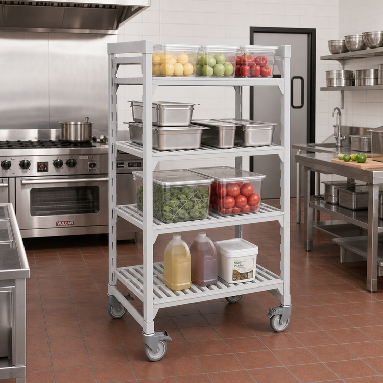 Product image #3 for Cambro Camshelving Premium 4-Tier Vented High Density Mobile Starter Unit, 24" x 60" x 67-1/4", Speckled Gray