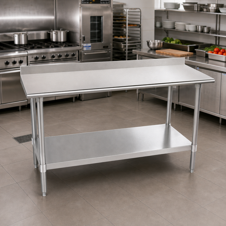 Product image #2 for Advance Tabco Special Value Series 84-Inch x 24-Inch 18 Gauge 430 Stainless Steel Work Table with Backsplash and Undershelf